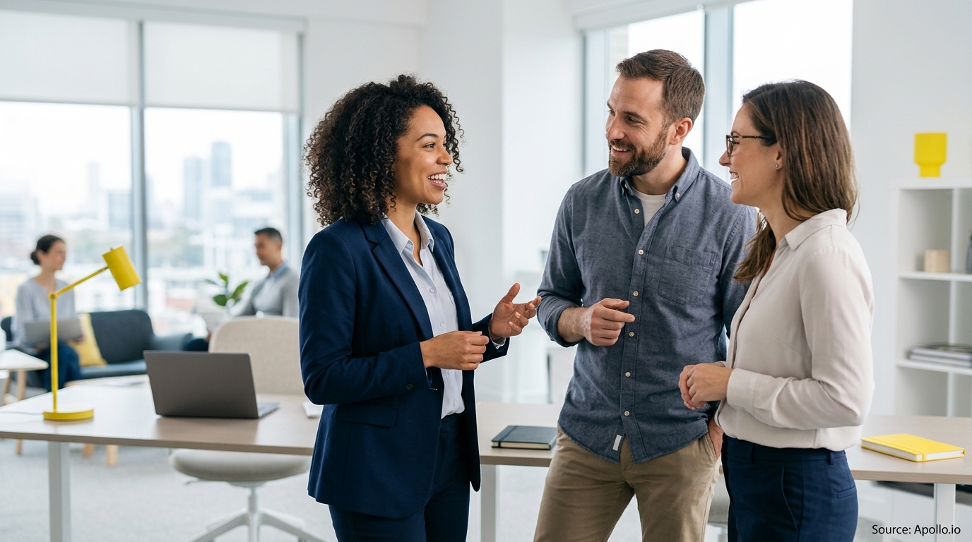 Three professionals talk and smile in a bright, modern office with coworkers visible in the background.