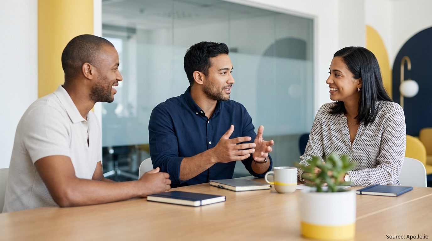 Three business professionals actively discussing at a modern office table.