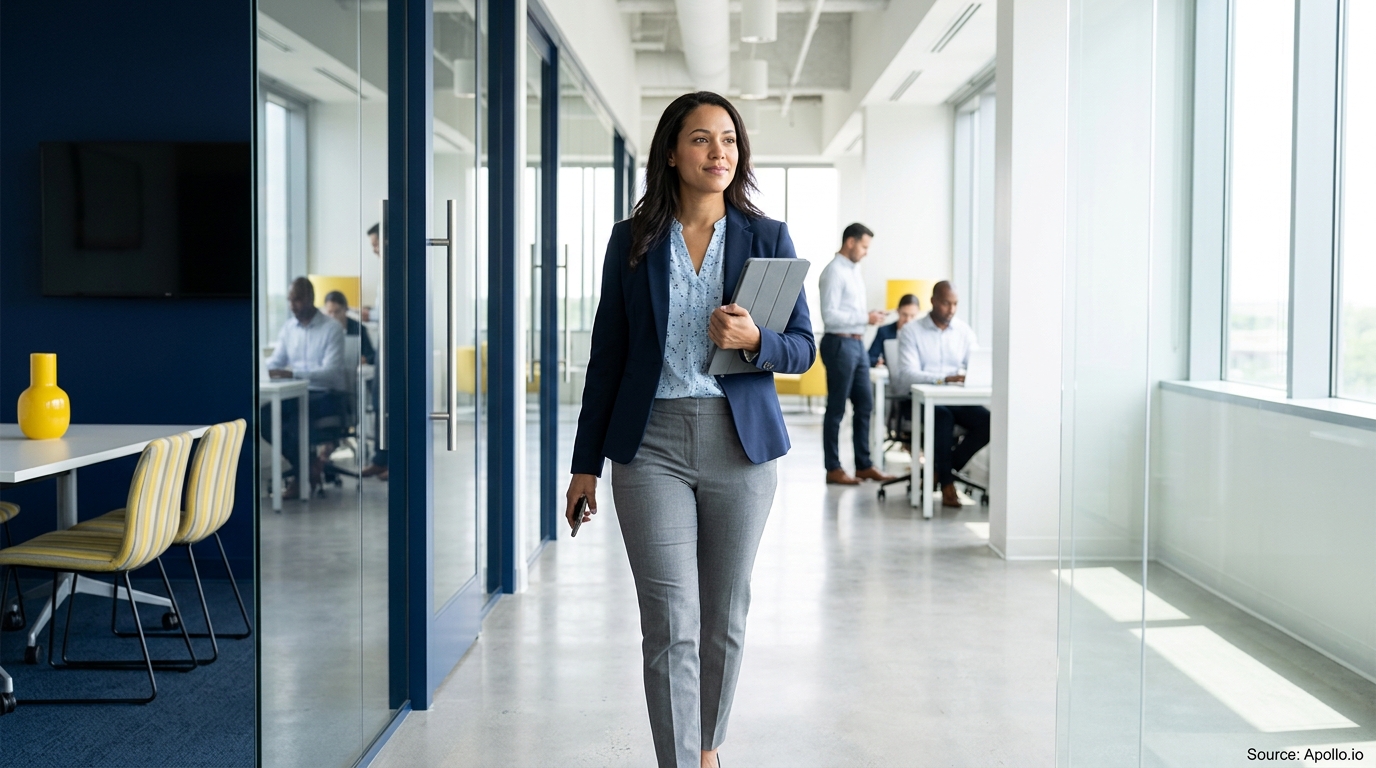 A woman walks through a modern office holding a tablet as four colleagues work in the background.