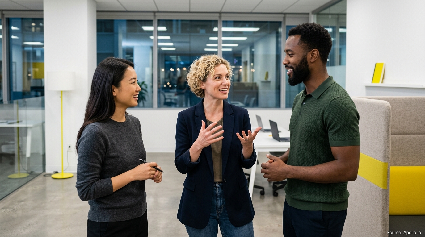 Three diverse professionals stand in a modern office, smiling and gesturing while engaged in a friendly conversation.