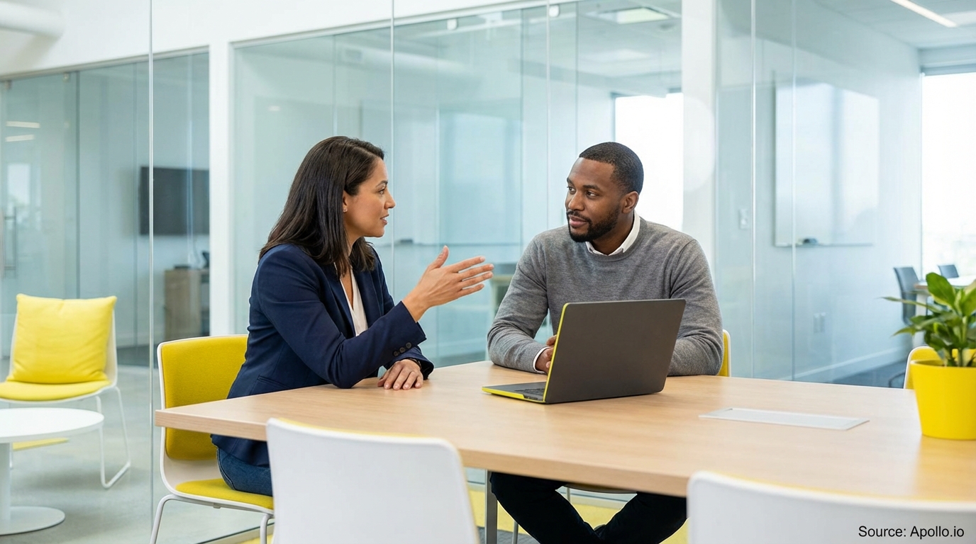 Two professionals discuss strategy at a modern office table with a laptop.