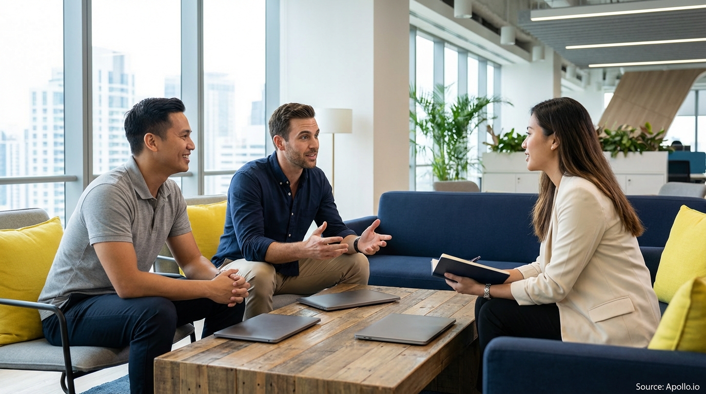 Three professionals discuss in a modern office lounge with laptops on a wooden table.