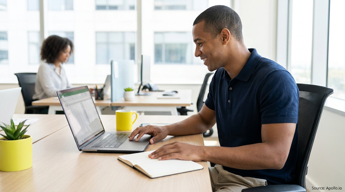A smiling man works on a laptop at a desk, with a woman also working in a bright modern office.