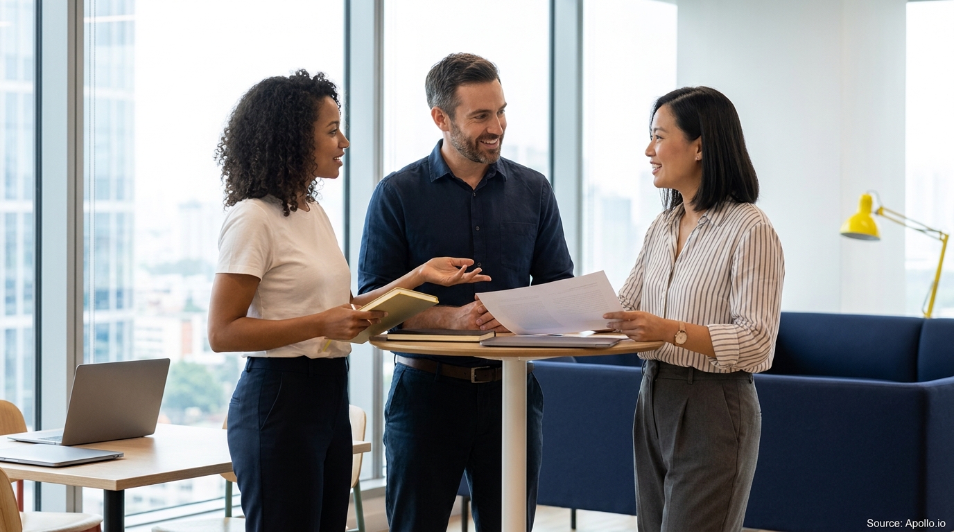 Three people conversing and reviewing documents at a table in a bright office.