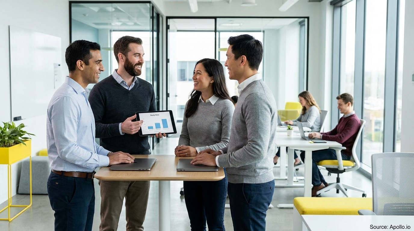 Four professionals discuss data on a tablet, two others work at desks in a bright modern office.