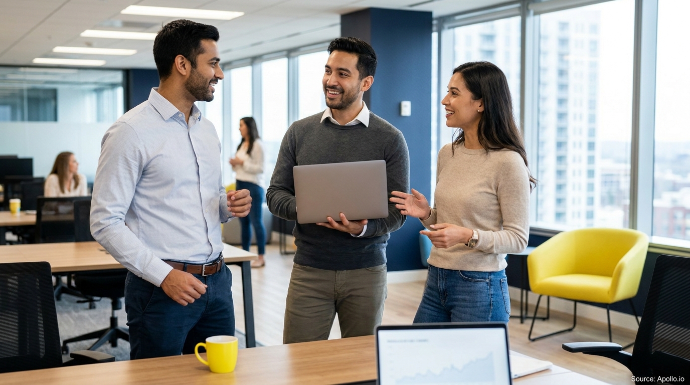 Three business professionals discussing in a bright office, one holding a laptop.