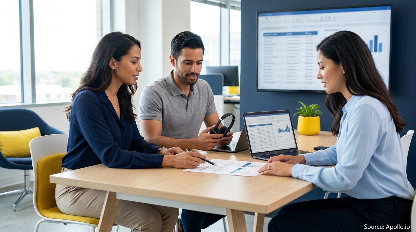 Three colleagues review documents and data on laptops in a bright, modern office.