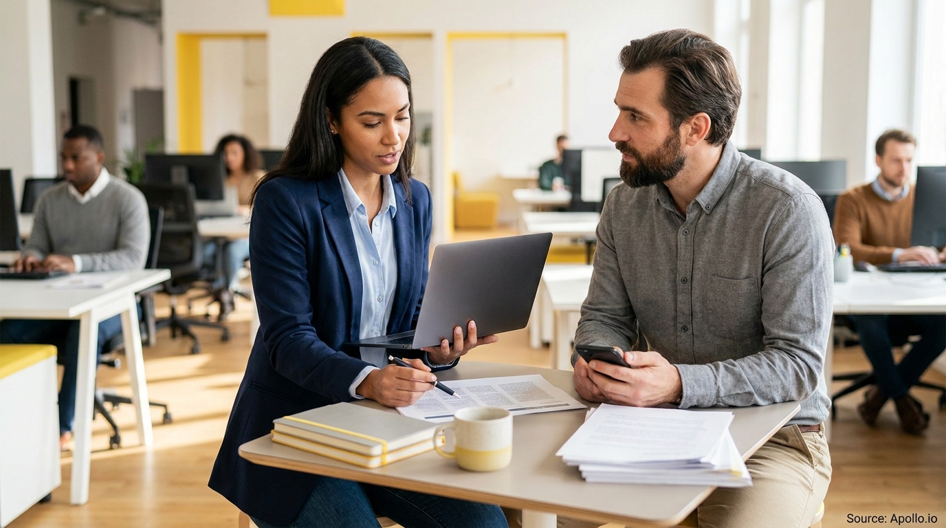 Two colleagues collaborate on a laptop and documents in an open-plan office.