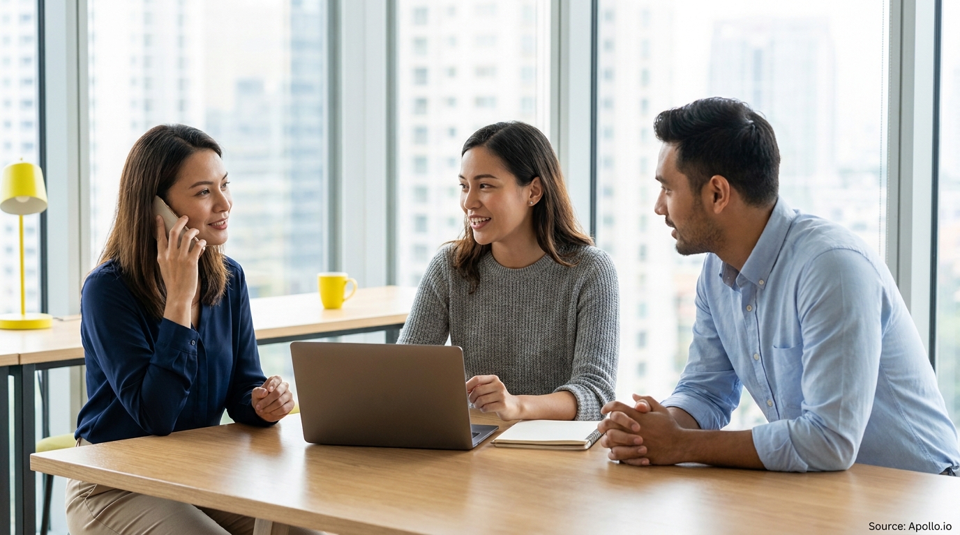 Three professionals at a modern office table: one on phone, one on laptop, one listening.