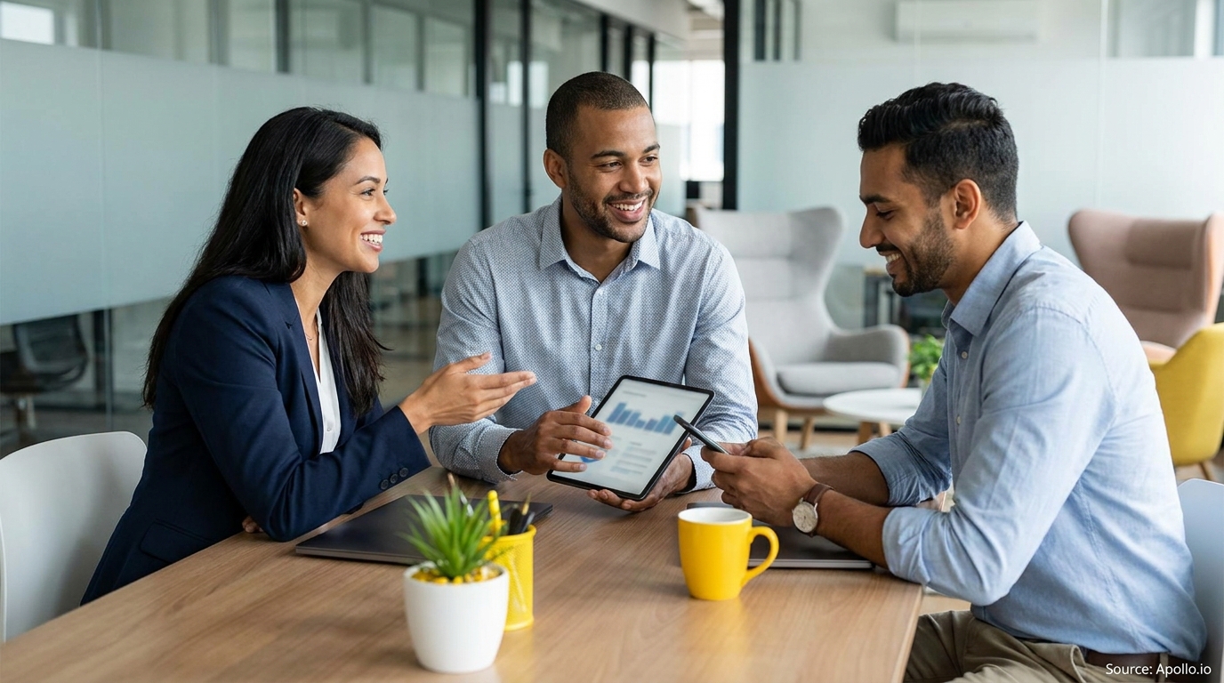 Three smiling business professionals discussing charts on a tablet in a modern office.