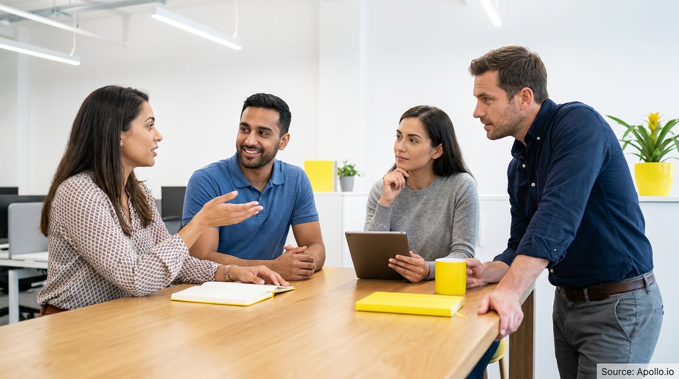 Four diverse professionals discuss ideas around a wooden table in a bright modern office.