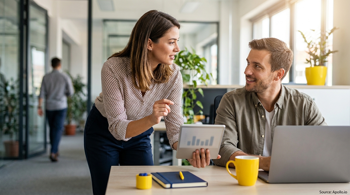 Two colleagues discuss data on a tablet at a bright office desk, a person walks in the background.