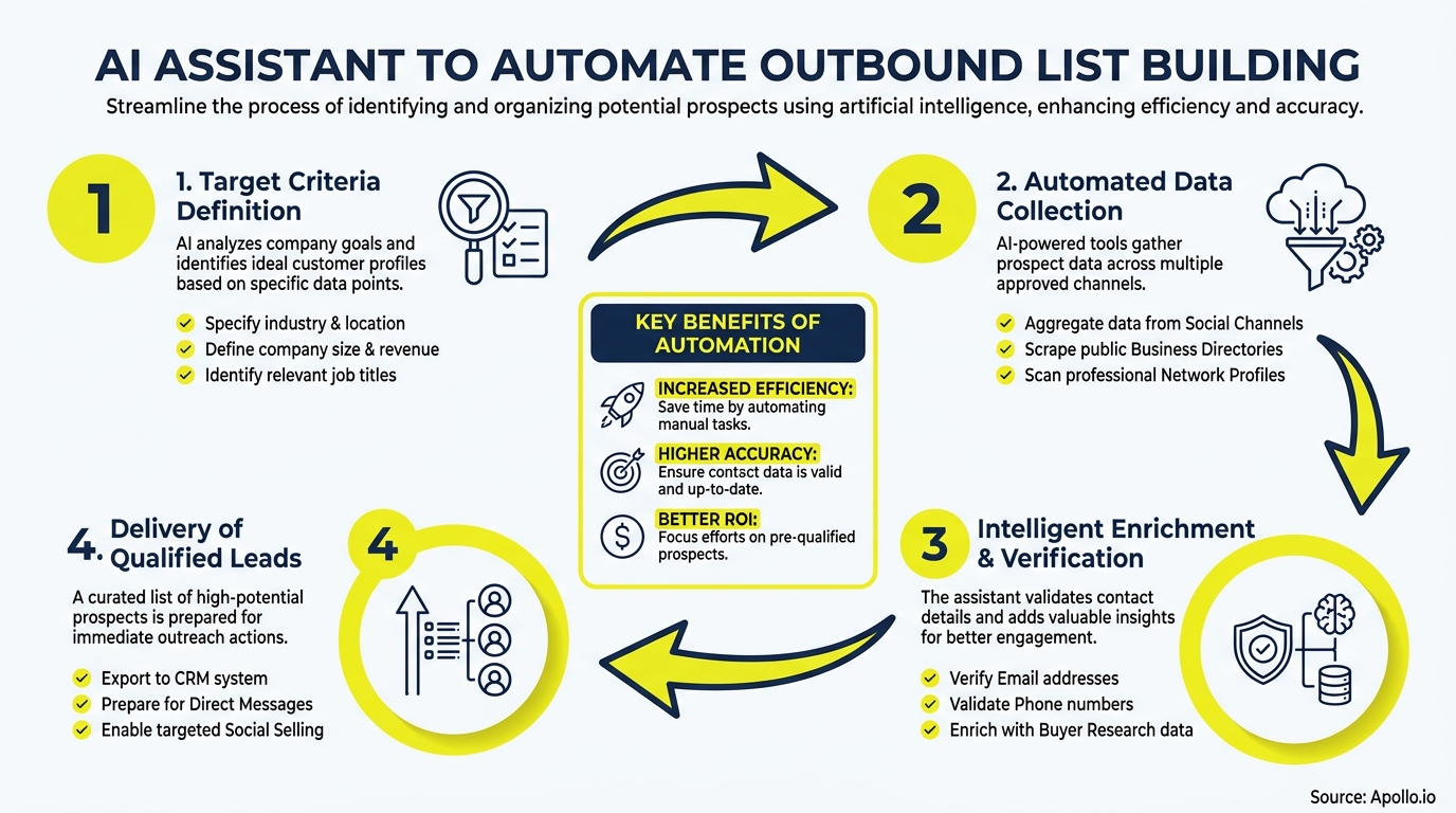 Circular diagram illustrating a four-step AI process for outbound list building with central benefits.