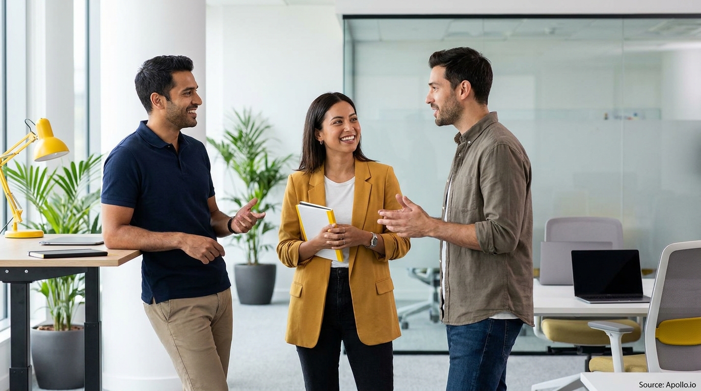 Three colleagues smiling and conversing in a modern office setting.