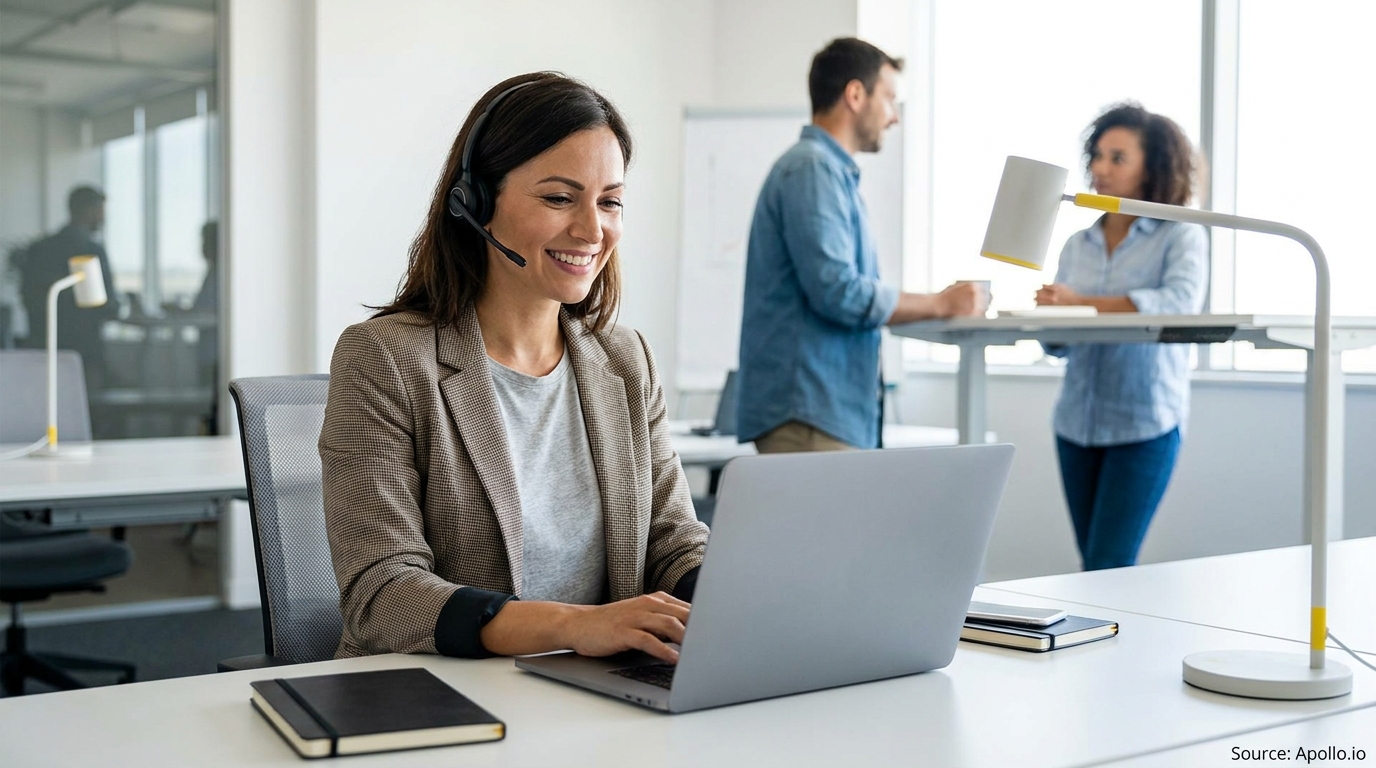 A smiling woman with a headset types on a laptop in a modern office, with two colleagues talking in the background.