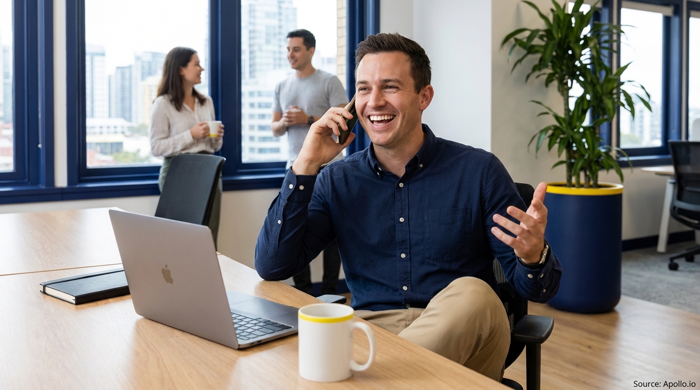 Man on phone laughing at a modern office desk, with two colleagues chatting.