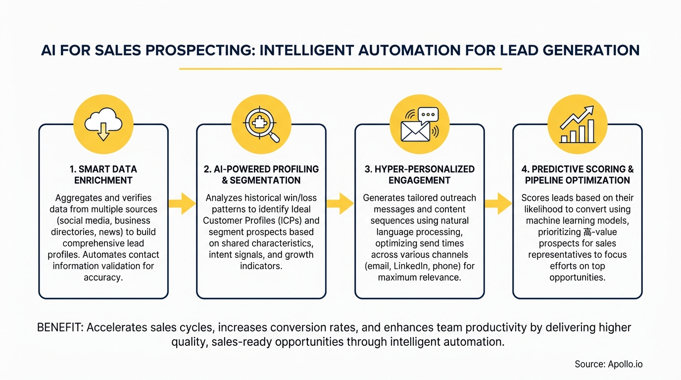 Infographic illustrates four steps of AI for sales prospecting and lead generation.