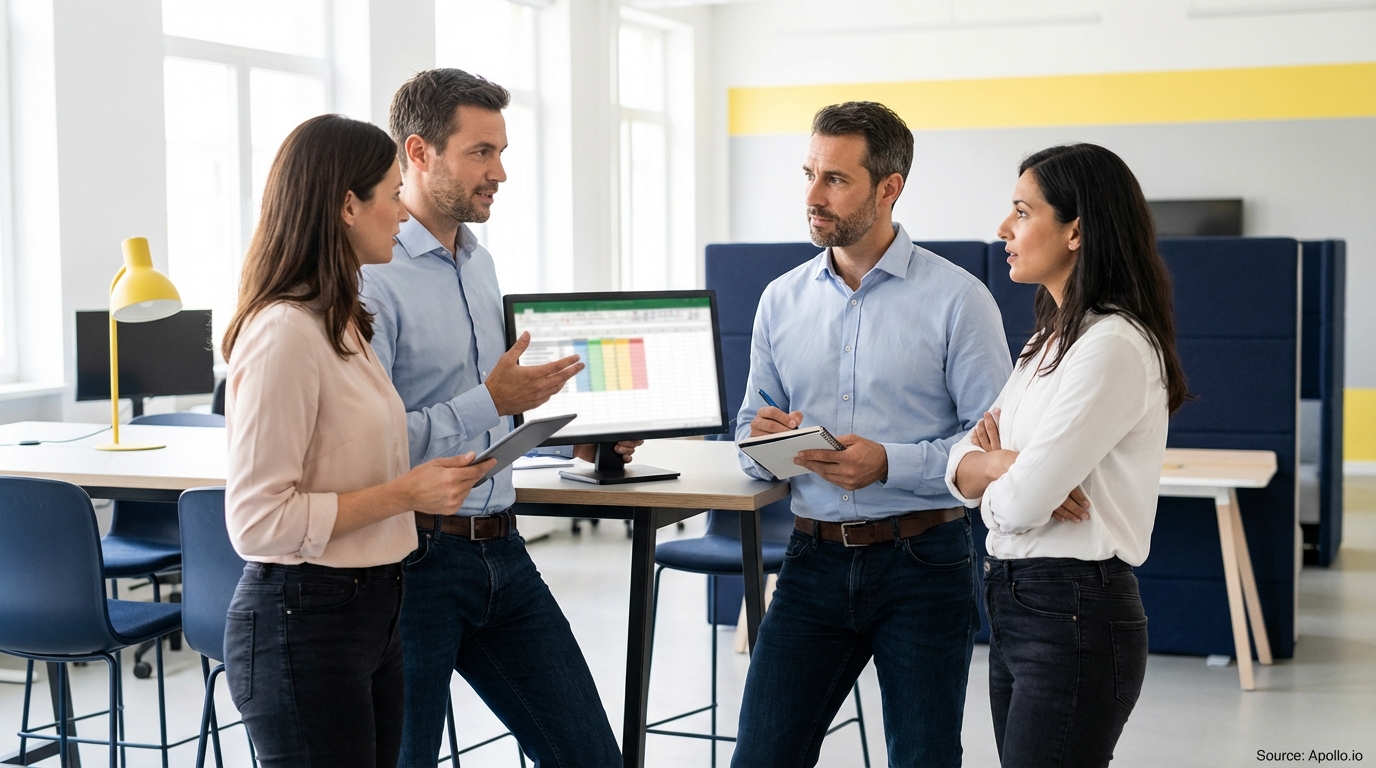 Four professionals discuss a spreadsheet on a monitor in a modern office.