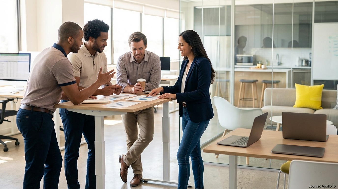 Sales team collaborating in a modern open-plan office in a sales team meeting