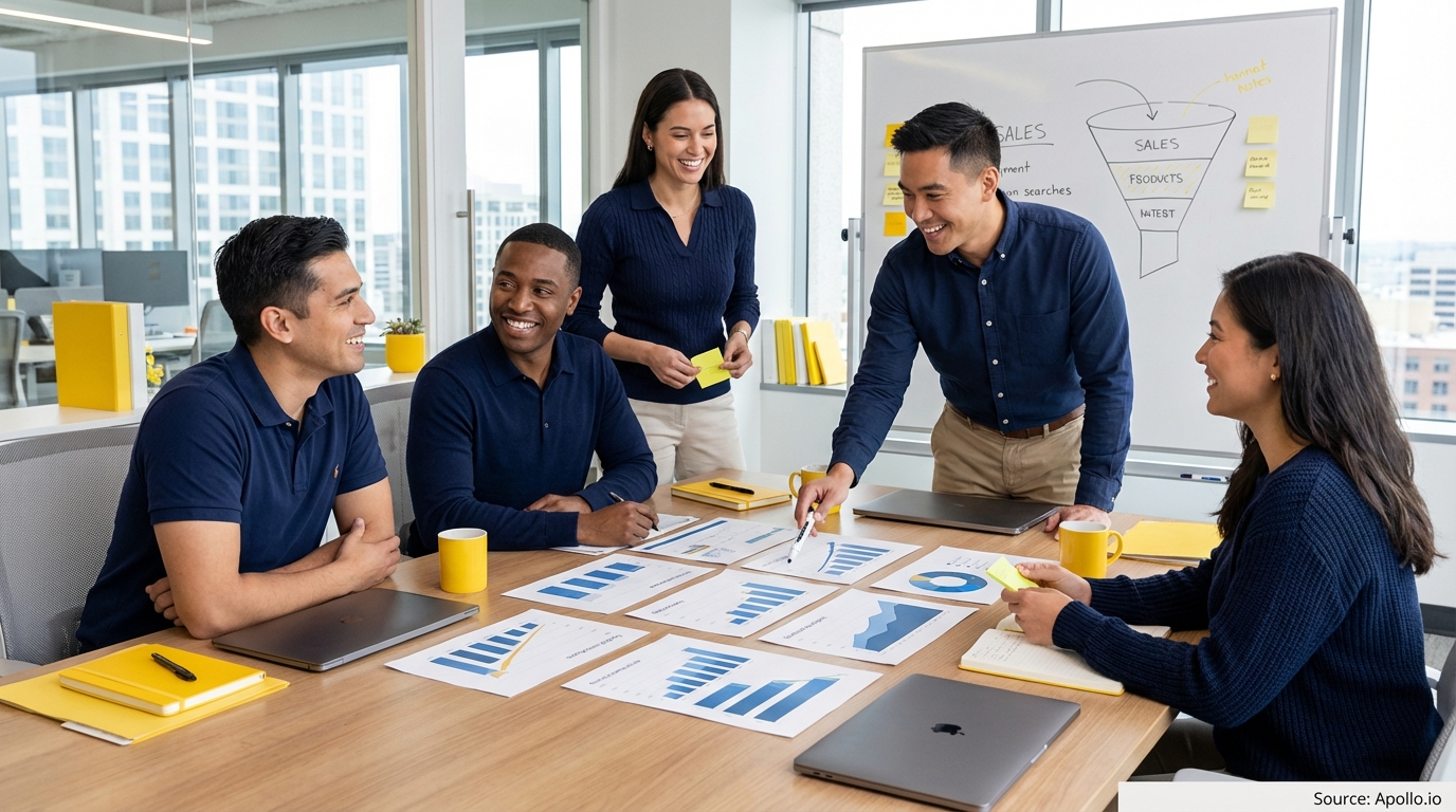 Sales professionals discussing strategy around a conference table in a sales team meeting