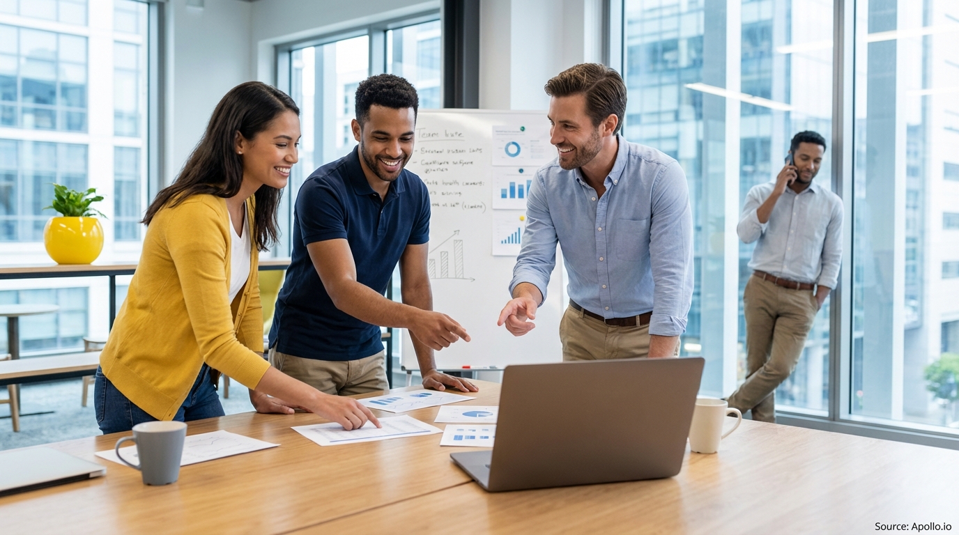 Sales team collaborating in a modern open-plan office in a sales team meeting