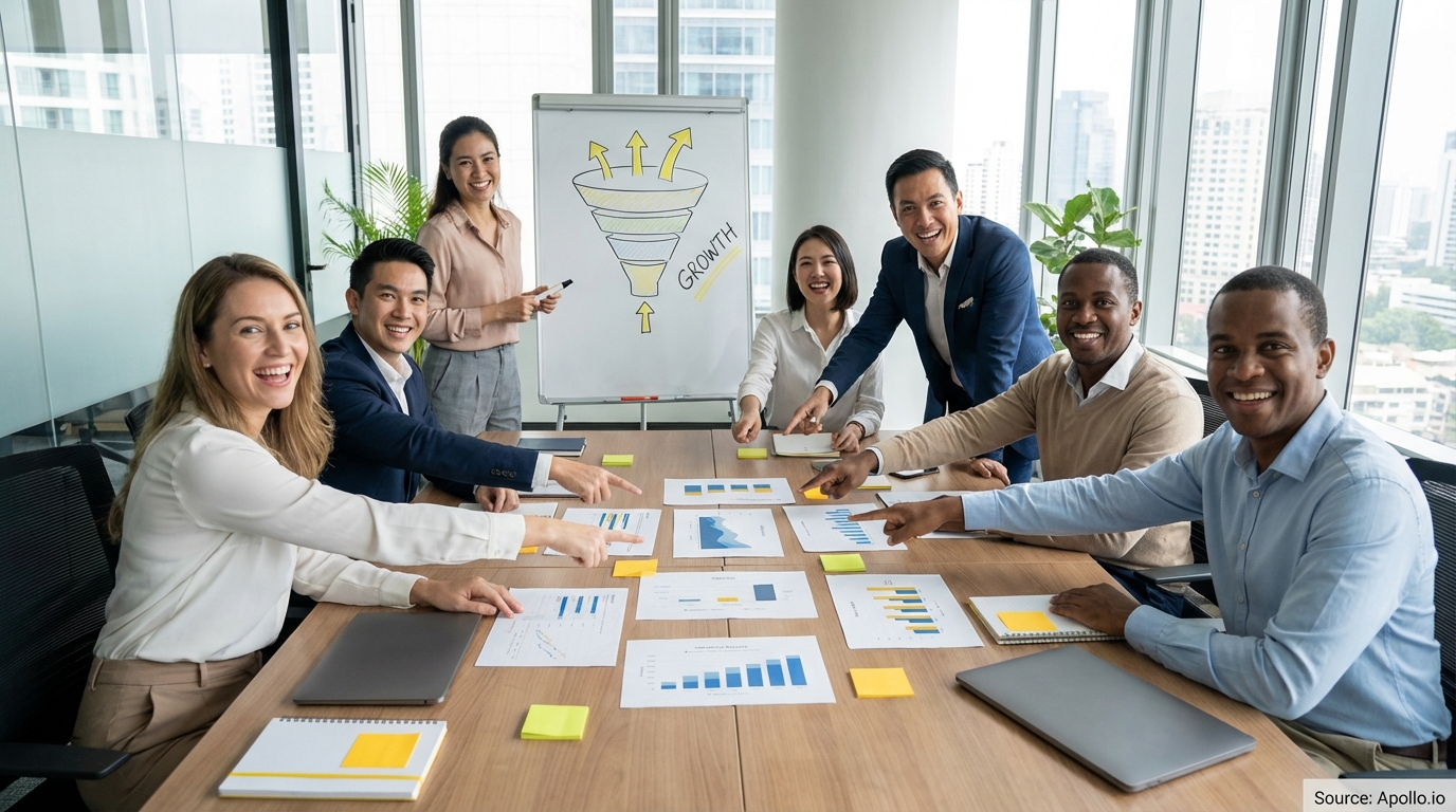 Sales professionals discussing strategy around a conference table in a sales team meeting