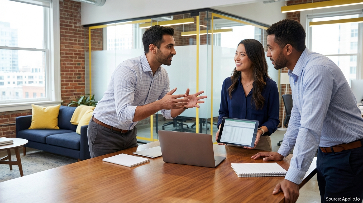 Three diverse professionals discuss data on a tablet and laptop in a modern office.