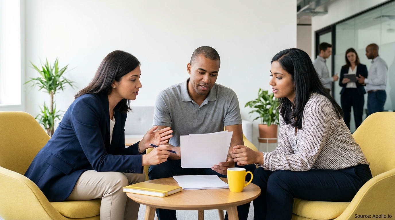 Three colleagues review documents at a table in a modern office, with two others talking nearby.