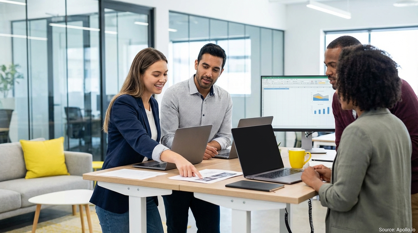 Sales team collaborating in a modern open-plan office evaluating sales technology options