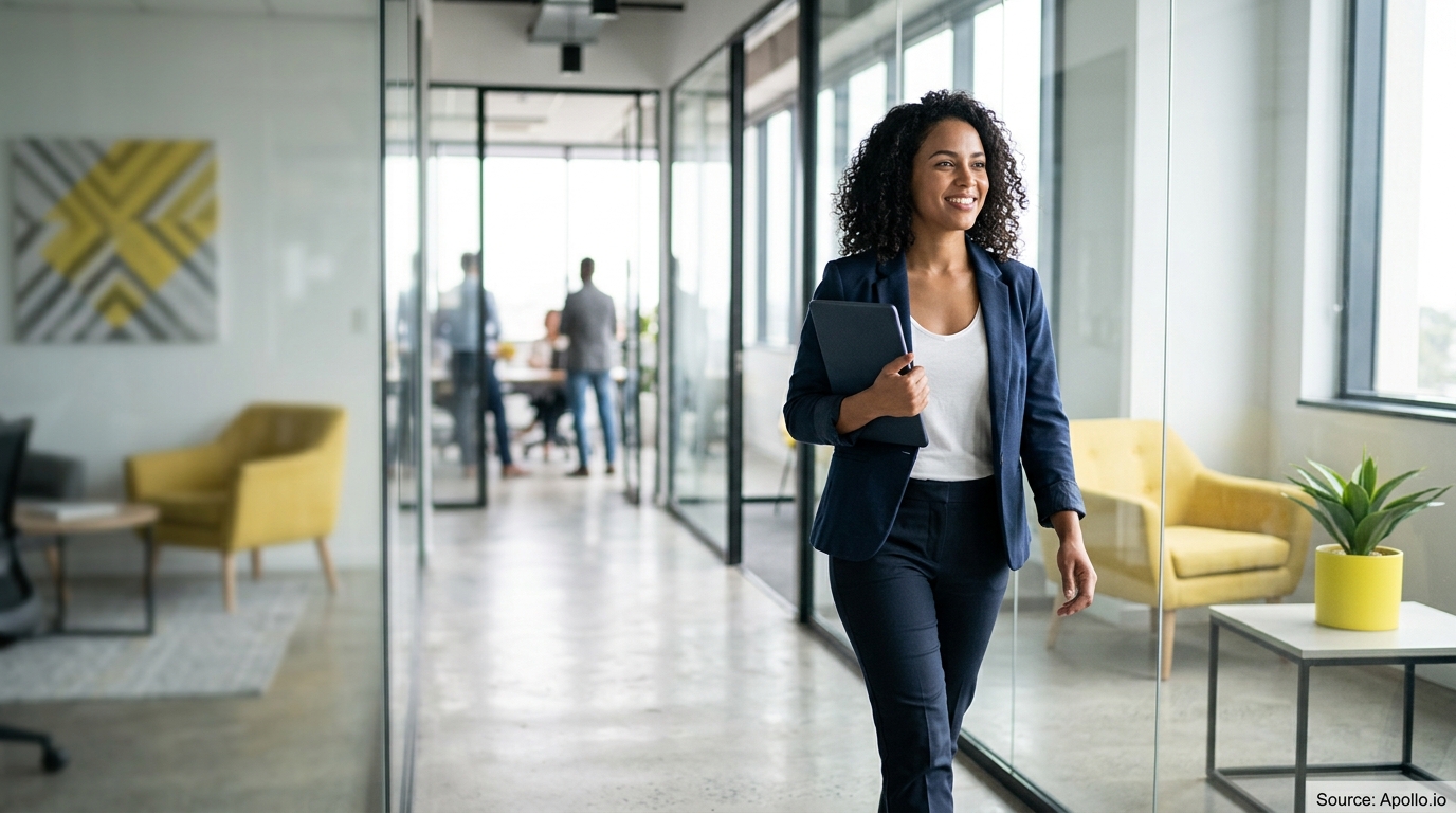 A professional woman walks through a bright office hallway carrying a tablet with three people in the background.
