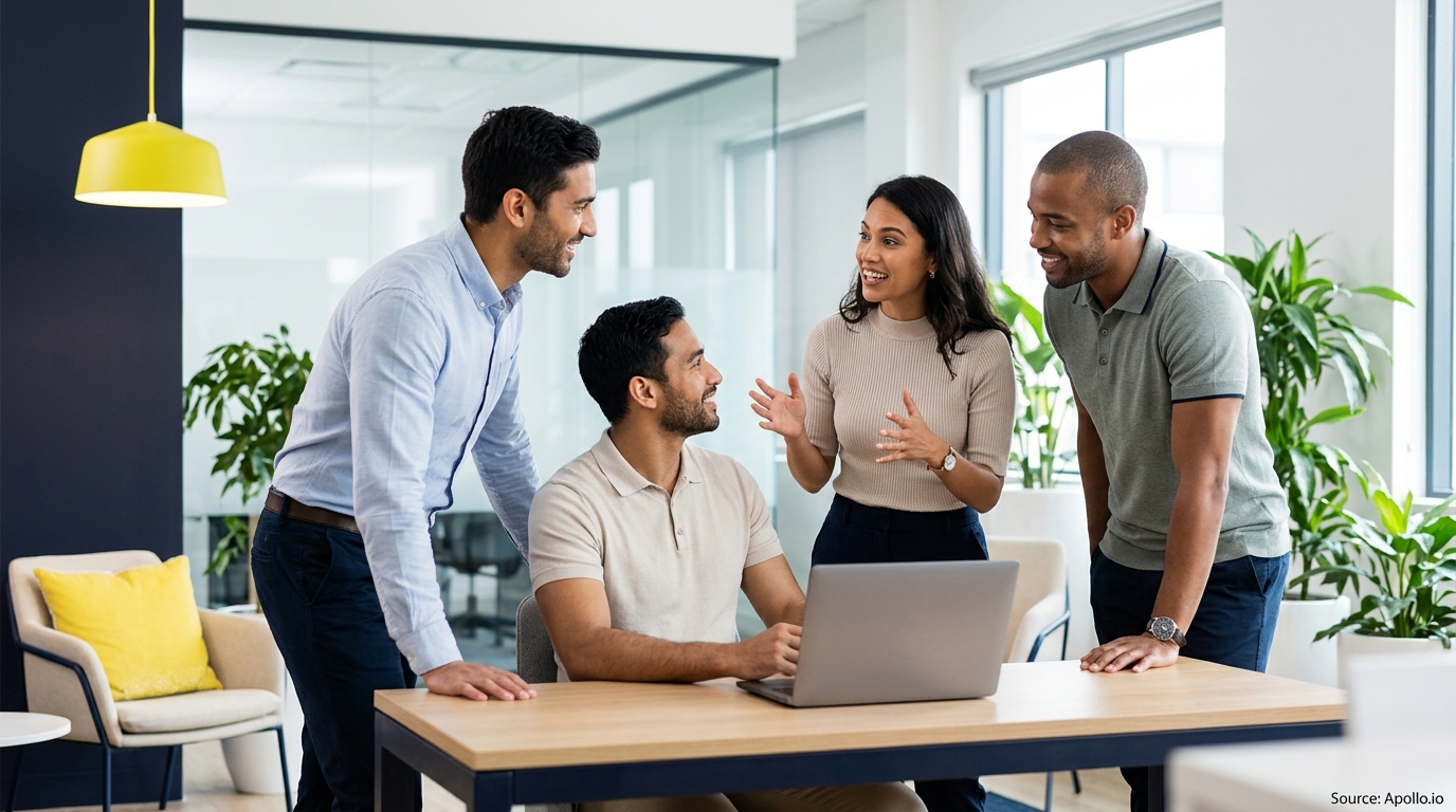 Four professionals smile and collaborate while gathered around a laptop in a modern, bright office setting.