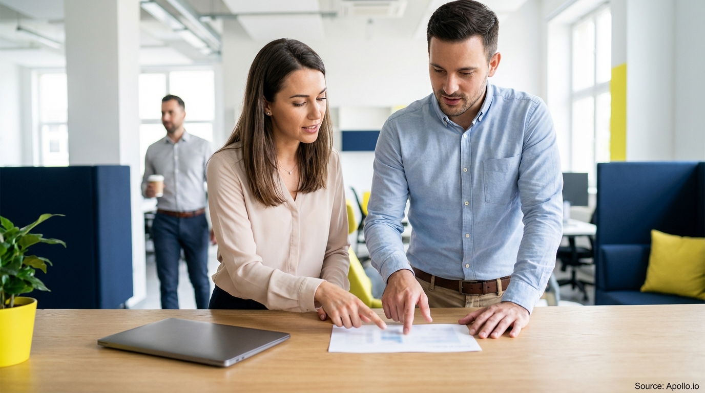 Two professionals discuss a document at an office table while a third person walks by with coffee.