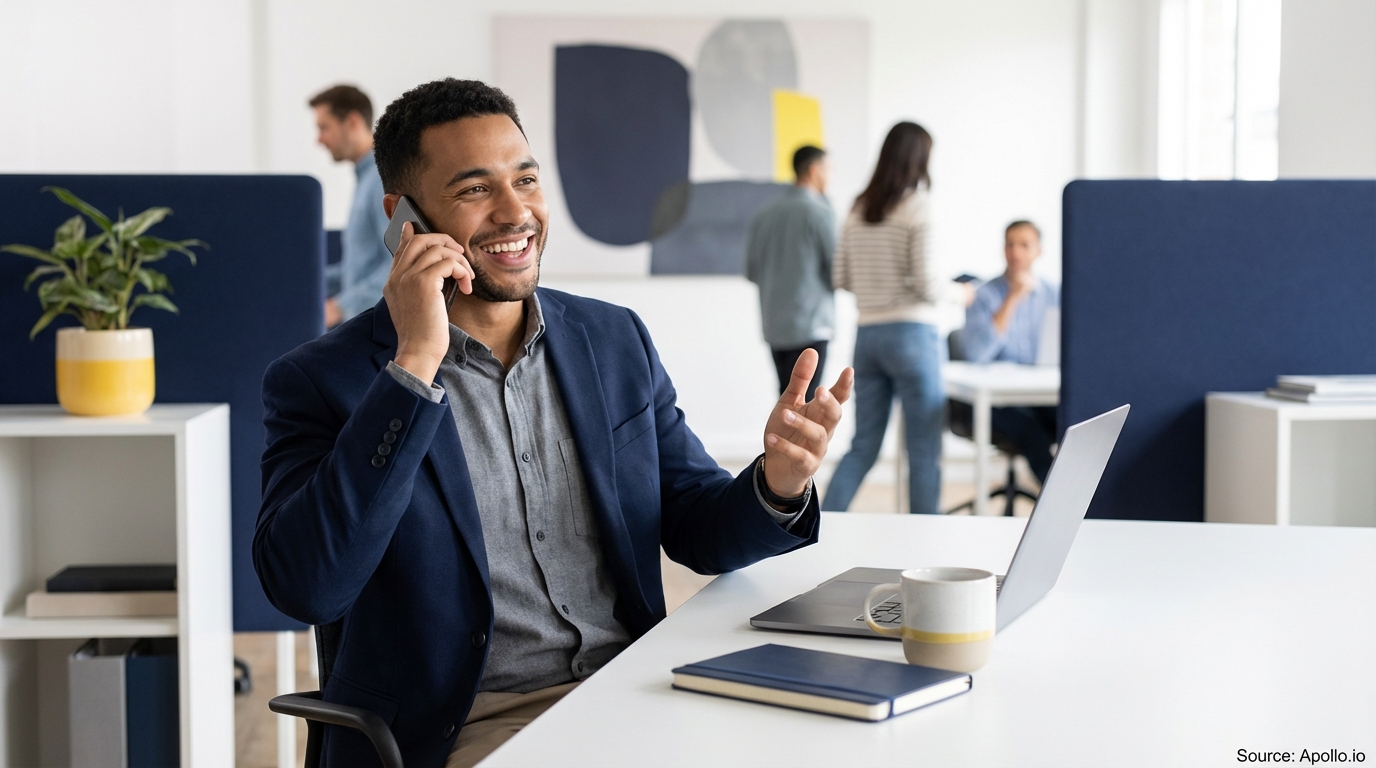 Man smiling and talking on phone at a desk in a modern office with other people working.