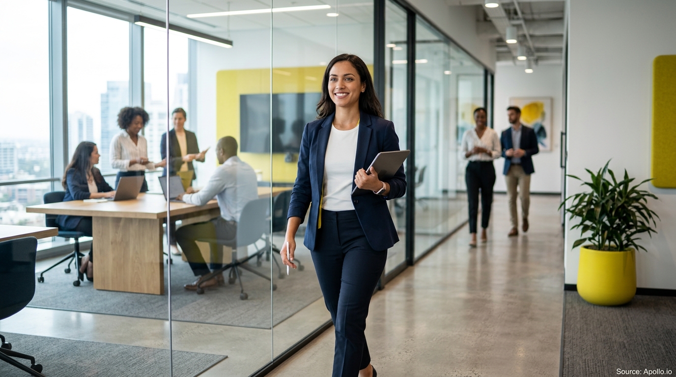 A woman walks with a tablet while six other professionals work in a bright, glass-walled modern office.