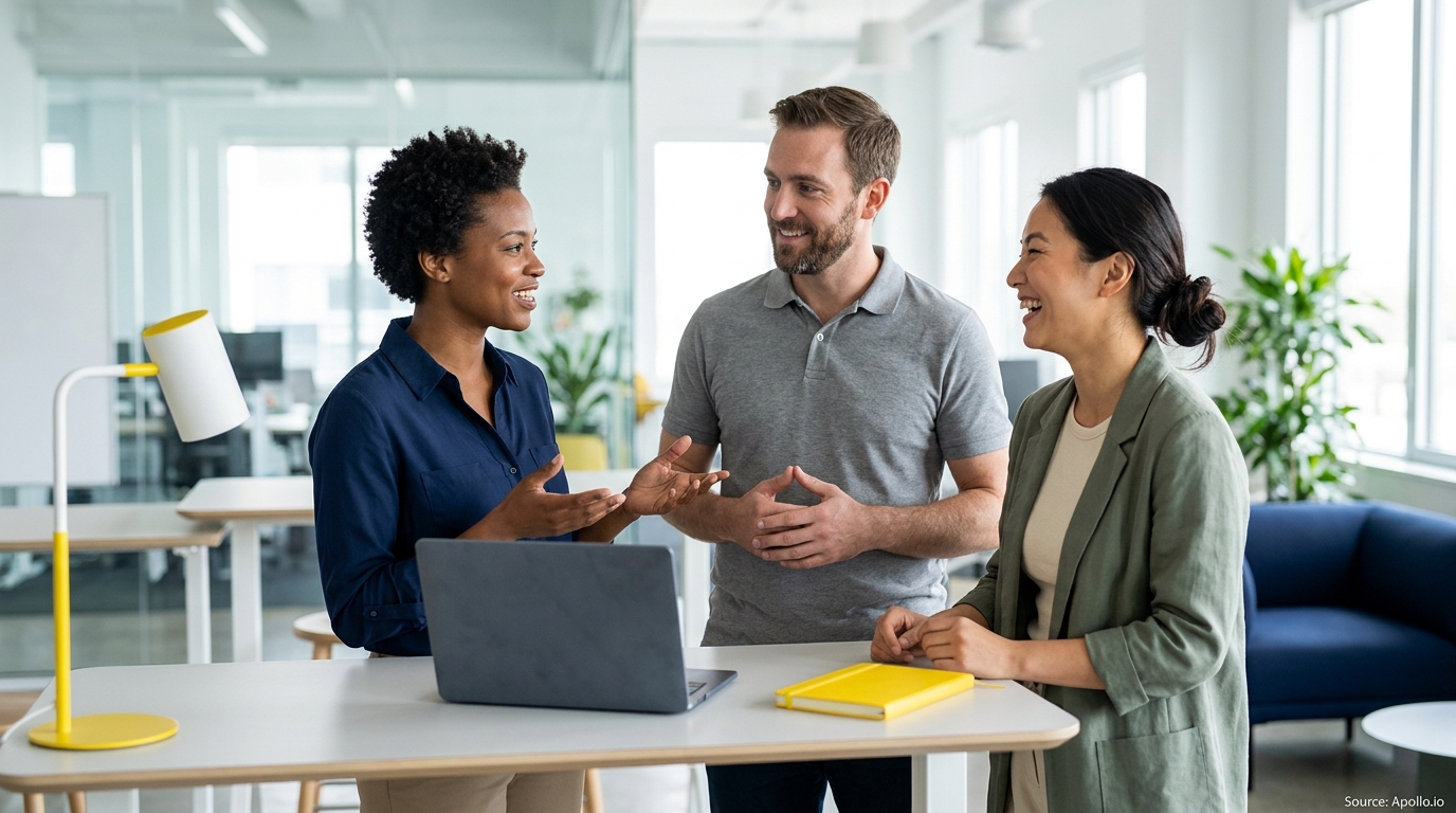 Three colleagues smile and talk around a laptop at a standing desk in a bright, modern office.