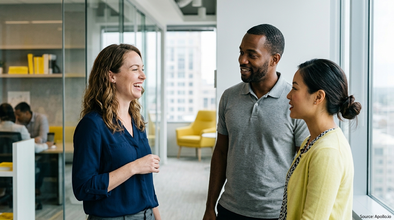 Three diverse professionals talk and laugh together in a bright, modern office with glass walls.