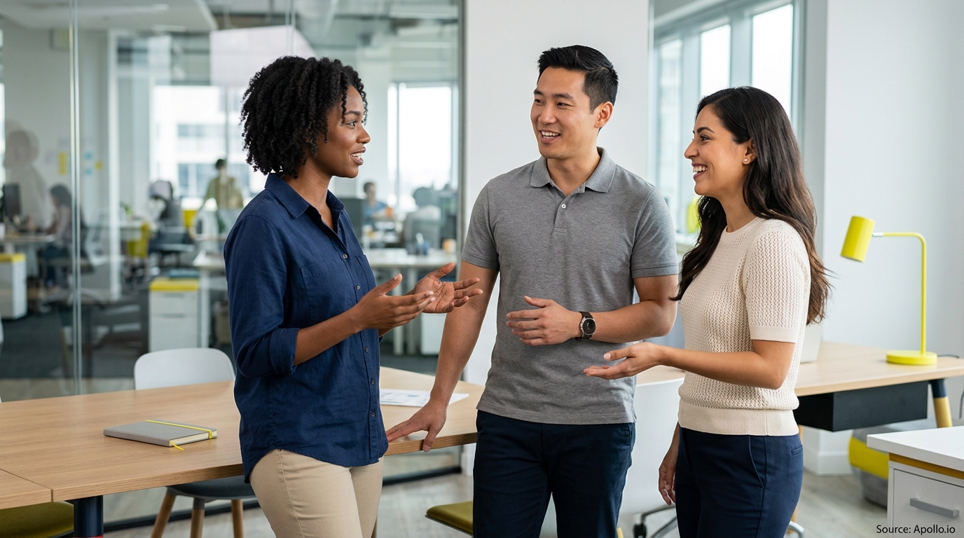 Three diverse professionals smile and converse while standing in a bright, modern office setting.