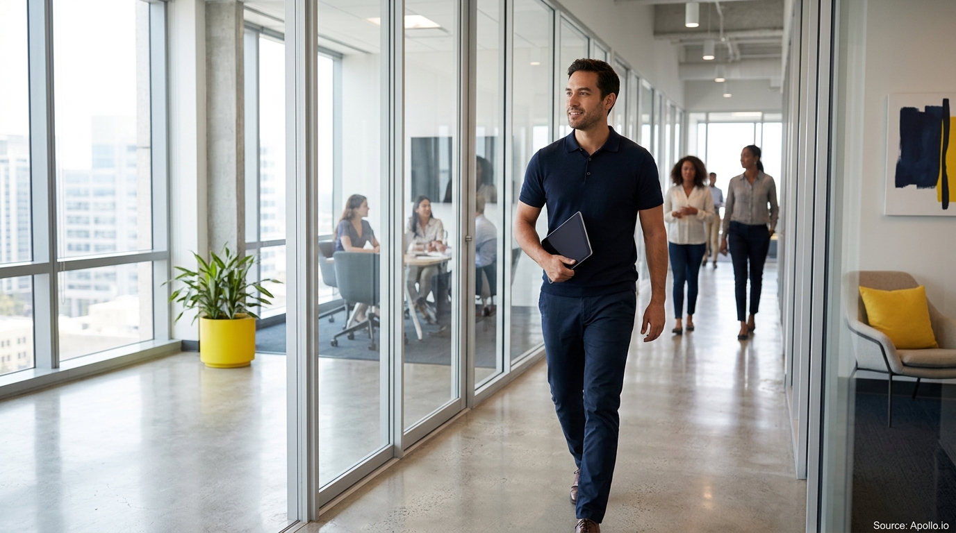 A man walks down a modern glass office hallway holding a tablet as several colleagues walk and meet nearby.