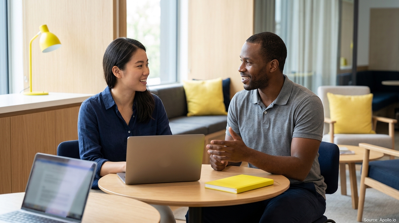 Two professionals talk and smile while collaborating over a laptop at a small table in a modern office lounge.