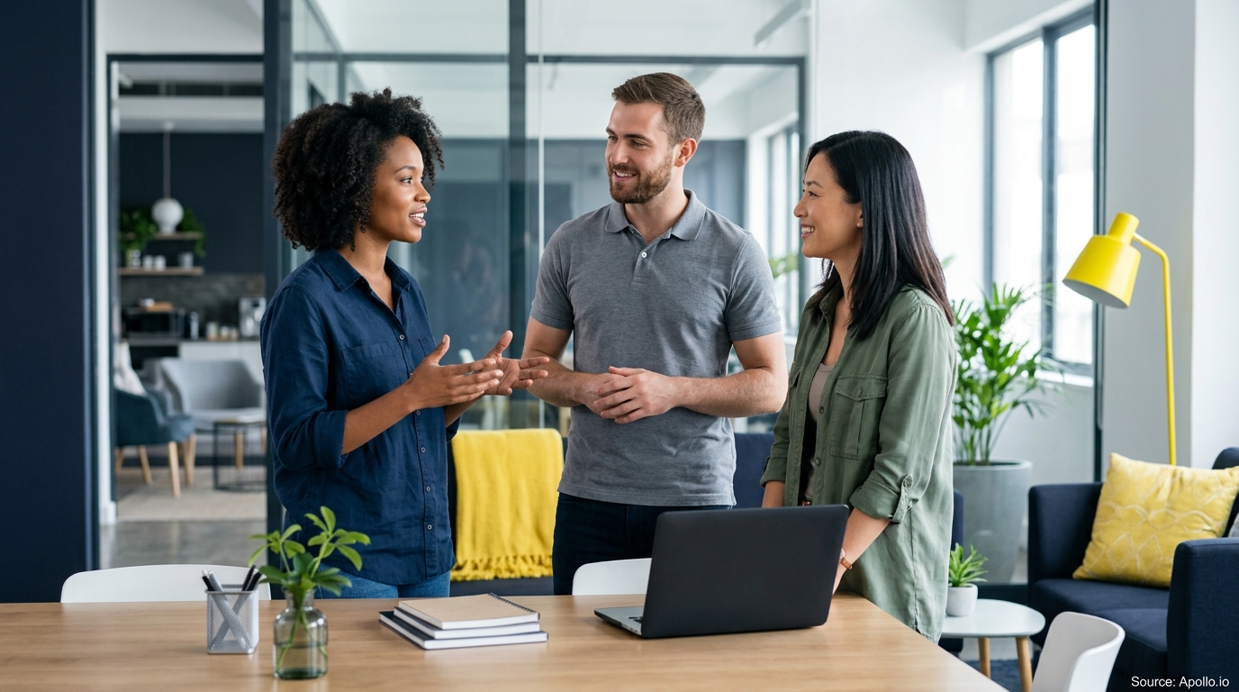 Three diverse professionals talk and collaborate around a laptop in a bright, modern office.