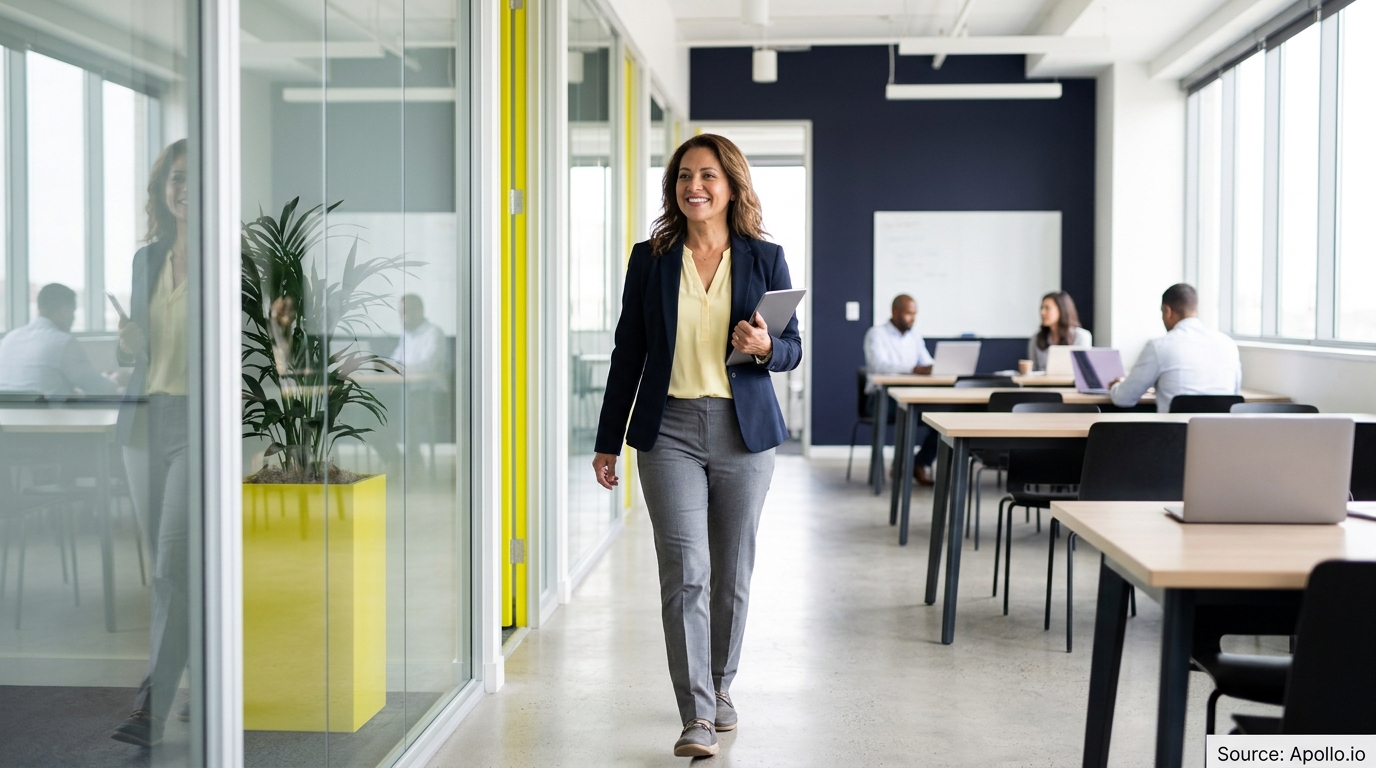A woman walks through a modern office holding a tablet with three colleagues working in the background.