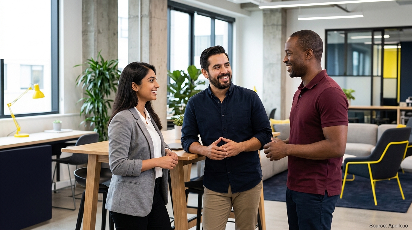 Three professionals smile and talk while gathered around a high table in a bright, modern office.