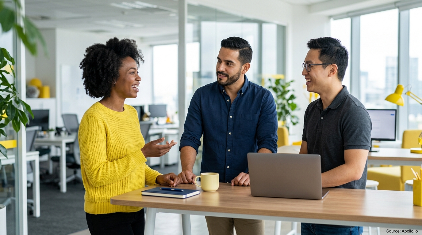Three diverse professionals engage in a friendly conversation around a high table in a modern, sunlit office.