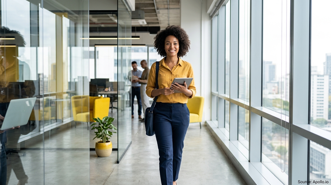 A woman walks through a modern office holding a tablet as colleagues converse in the background.