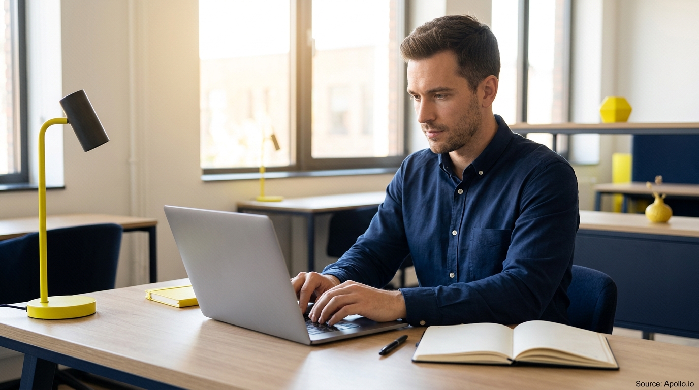 A professional man types on a laptop at a desk in a bright, modern office.