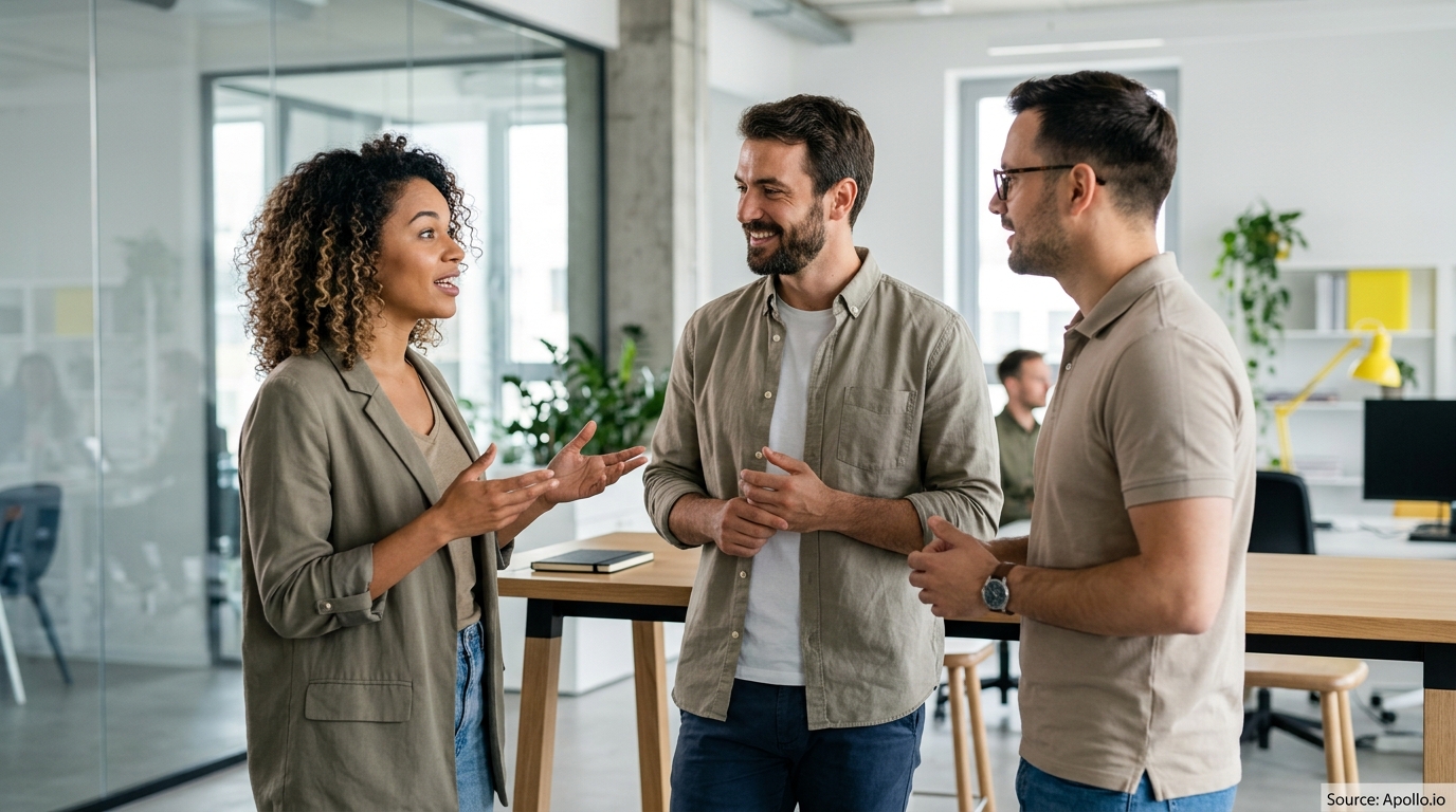 Three business professionals stand in a bright modern office and engage in a collaborative conversation.