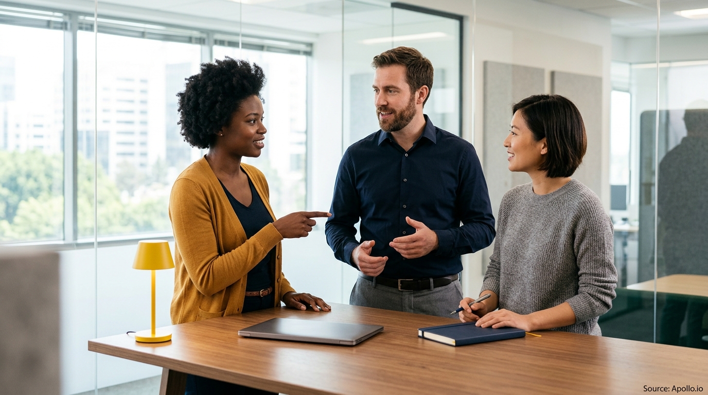 Three professionals engage in a conversation around a wooden table in a bright, modern office.
