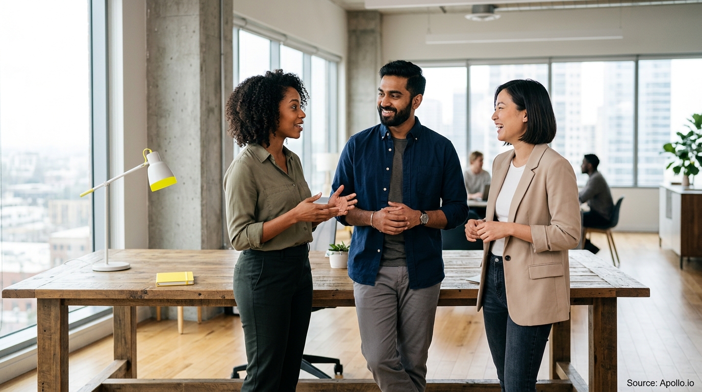 Three professionals talk and smile while standing around a large wooden table in a bright, modern office.
