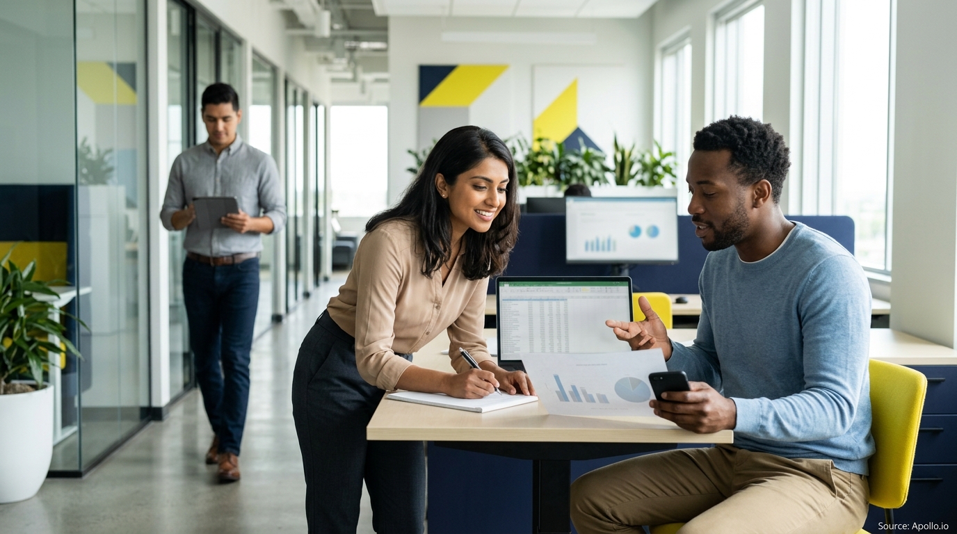 Three professionals collaborate using a laptop and reports in a bright, modern open-plan office.