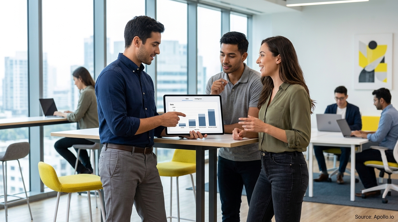 Three professionals analyze data on a tablet in a bright, modern office while others work nearby.